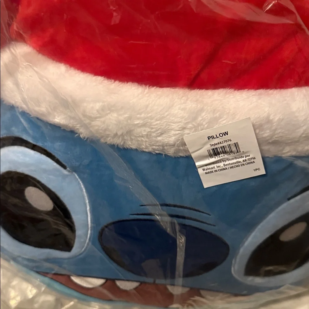 Disney Blue and Red Holiday Santa Hat Stitch Pillow